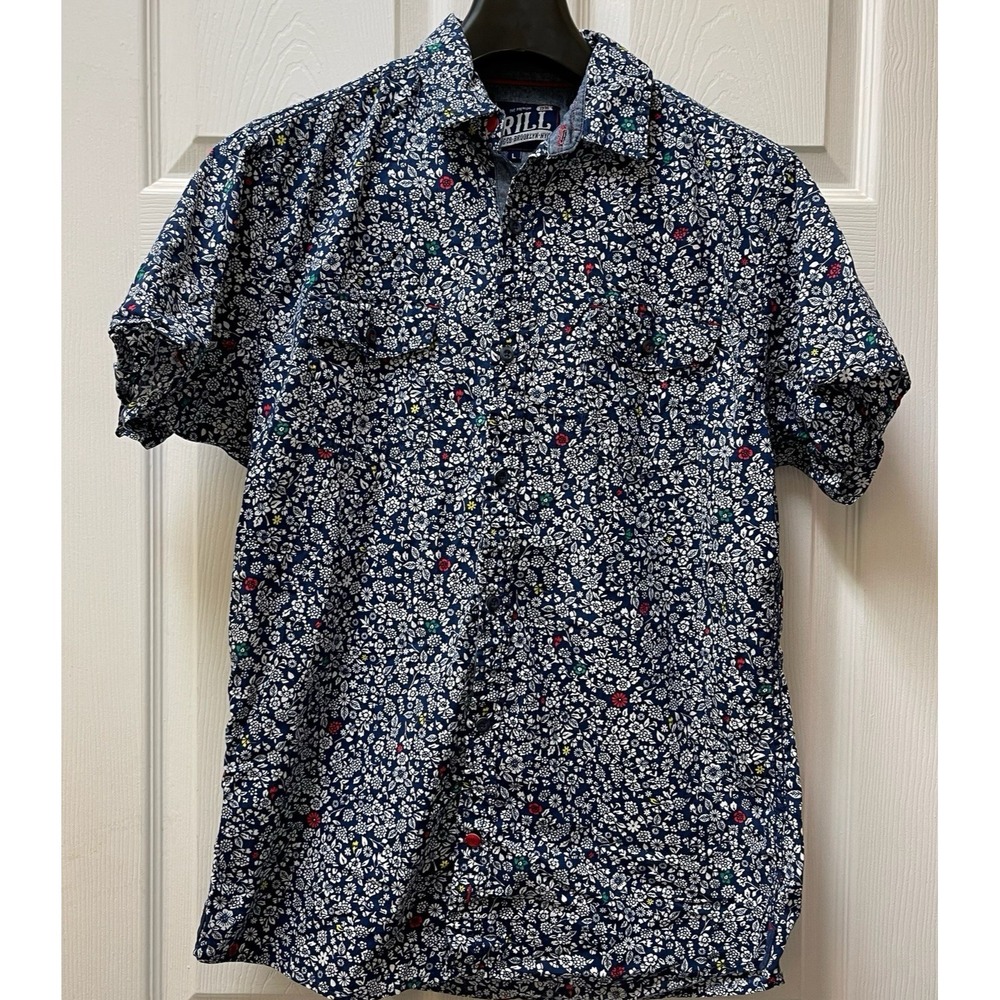 Drill Clothing‎ Co Men's Large Blue Floral Short Sleeve Cotton Button Up Shirt